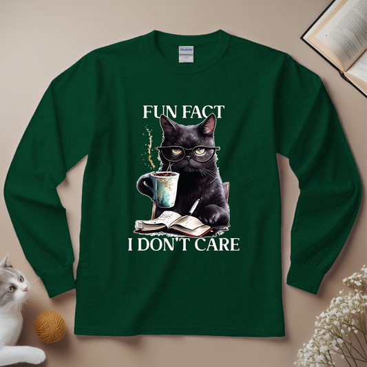 Fun Fact I Don’t Care Black Cat Reading Unisex Long Sleeves - Meowiprints
