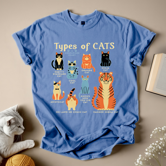 Blue t-shirt with 'Types of Cats' graphic on a beige surface with a cat and yarn ball.